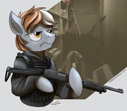 Size: 1920x1673 | Tagged: safe, artist:buckweiser, oc, oc:radan, earth pony, pony, commission, gun, male, mossberg 590, shotgun, solo, weapon, ych result