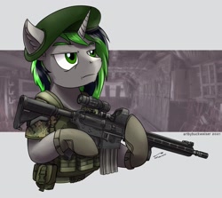 Size: 1920x1713 | Tagged: safe, artist:buckweiser, oc, oc:slash vortex, pony, unicorn, ar-15, beret, commission, gun, hat, male, rifle, solo, weapon, ych result