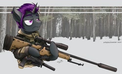 Size: 2160x1325 | Tagged: safe, artist:buckweiser, oc, oc:viper, pony, unicorn, awm, commission, gun, heckler and koch, l115a3, male, mp7, rifle, sniper, sniper rifle, solo, suppressor, weapon, ych result