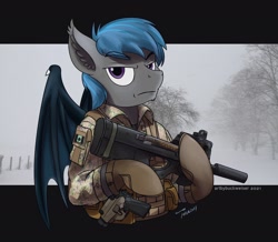 Size: 1920x1677 | Tagged: safe, artist:buckweiser, oc, oc:nocturne star, bat pony, bat pony oc, commission, gun, jtf2, male, p90, pdw, solo, submachinegun, weapon, wings, ych result
