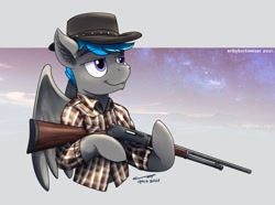 Size: 1920x1427 | Tagged: safe, artist:buckweiser, oc, oc:wild pine, pegasus, pony, commission, cowboy hat, flannel shirt, gun, hat, henry rifle, male, rifle, stetson, weapon, ych result