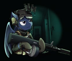 Size: 1920x1631 | Tagged: safe, artist:buckweiser, oc, oc:blizzard, pegasus, pony, aa-12, commission, goggles, gun, headset, male, night vision goggles, shotgun, solo, suppressor, weapon, wings, ych result
