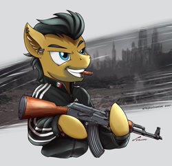 Size: 1920x1854 | Tagged: safe, artist:buckweiser, oc, oc:jack taylor, pegasus, pony, ak-47, assault rifle, cigar, commission, five o'clock shadow, gun, male, mexican flag, rifle, solo, tracksuit, weapon, ych result