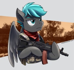 Size: 1920x1809 | Tagged: safe, artist:buckweiser, oc, oc:lightning blitz, pegasus, pony, aks-74u, clothes, commission, gun, male, rifle, scarf, solo, weapon, wings, ych result
