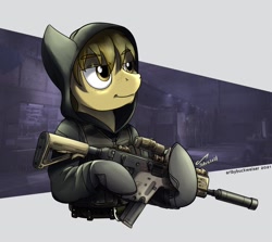 Size: 1920x1709 | Tagged: safe, artist:buckweiser, oc, oc:chocolate chips, earth pony, pony, clothes, commission, eotech, gun, hoodie, male, sas, solo, submachinegun, suppressor, vector, weapon, ych result