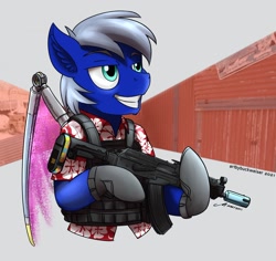 Size: 1920x1811 | Tagged: safe, artist:buckweiser, oc, oc:inheart star, ak-47, artificial wings, assault rifle, augmented, clothes, commission, gun, hardlight, hawaiian shirt, mechanical wing, rifle, shirt, solo, weapon, wings, ych result