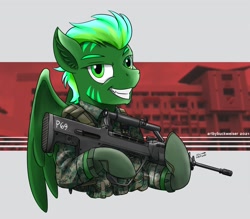 Size: 1920x1681 | Tagged: safe, artist:buckweiser, oc, oc:daylight, pegasus, pony, commission, glowing, gun, national service, rifle, sar-21, singapore, solo, weapon, ych result