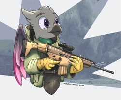 Size: 1920x1587 | Tagged: safe, artist:buckweiser, oc, oc only, oc:milk, griffon, bombproof suit, commission, gun, rifle, scar-h, solo, weapon, ych result