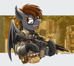 Size: 1920x1700 | Tagged: safe, artist:buckweiser, oc, oc:night dice, bat pony, bat pony oc, body armor, camouflage, clothes, commission, glasses, gun, m4a1, male, military uniform, mk18, rifle, soldier, soldier pony, solo, uniform, weapon, ych result