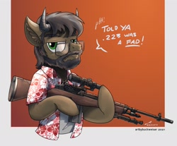 Size: 1920x1590 | Tagged: safe, artist:buckweiser, oc, oc:papayeo, bison, buffalo, earth pony, pony, clothes, commission, glasses, gun, hawaiian shirt, hybrid oc, m14, m1a, male, rifle, shirt, solo, weapon, ych result