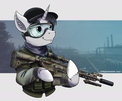 Size: 1920x1599 | Tagged: safe, artist:buckweiser, oc, oc:jack rabbit, pony, unicorn, ar-15, commission, escape from tarkov, goggles, gun, hat, male, rifle, solo, weapon, ych result