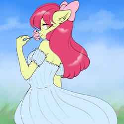 Size: 1000x1000 | Tagged: safe, artist:yutakira92, apple bloom, earth pony, anthro, g4, adorabloom, adorasexy, backless, bare shoulders, bow, clothes, cute, dress, female, flower, hair bow, looking at you, looking back, looking back at you, mare, older, older apple bloom, sexy, solo, strapless