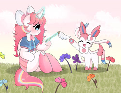 Size: 2844x2176 | Tagged: safe, artist:arwencuack, oc, oc only, oc:nekonin, alicorn, sylveon, semi-anthro, alicorn oc, arm hooves, blushing, cat toy, clothes, crossdressing, duo, femboy, flower, high res, horn, magic, male, pokémon, shoes, skirt, telekinesis, wings