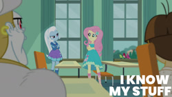 Size: 1280x720 | Tagged: safe, edit, edited screencap, editor:quoterific, screencap, bulk biceps, fluttershy, trixie, wiz kid, bird, a little birdie told me, equestria girls, g4, my little pony equestria girls: better together, clothes, crossed arms, cutie mark on clothes, female, geode of fauna, hairpin, hoodie, jewelry, magical geodes, male, necklace, sandals