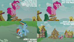 Size: 1280x720 | Tagged: safe, edit, edited screencap, editor:quoterific, screencap, pinkie pie, rainbow dash, earth pony, pegasus, pony, g4, season 7, secrets and pies, female, flying, food, mare, open mouth, open smile, pie, smiling