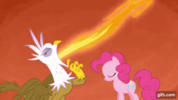 Size: 640x360 | Tagged: safe, screencap, gilda, pinkie pie, earth pony, griffon, pony, g4, griffon the brush off, season 1, animated, eyes closed, female, fire, food, gif, gifs.com, mare, marshmallow, mouth hold, open mouth, roasted marshmallow