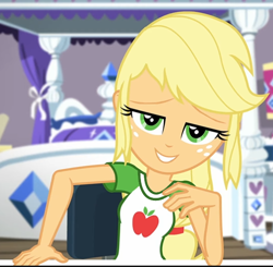 Size: 554x542 | Tagged: safe, edit, edited screencap, screencap, applejack, camping must-haves, equestria girls, g4, my little pony equestria girls: better together, clothes, collar, freckles, hatless, lidded eyes, missing accessory, shirt, smiling, smirk, t-shirt, teenager