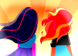 Size: 1228x895 | Tagged: safe, artist:hiumatve, sunset shimmer, twilight sparkle, equestria girls, g4, duo, duo female, female, rear view, sunset