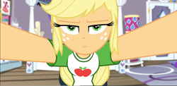 Size: 1114x545 | Tagged: safe, edit, edited screencap, screencap, applejack, camping must-haves, equestria girls, g4, my little pony equestria girls: better together, annoyed, clothes, collar, cute, freckles, frown, hatless, leaning forward, missing accessory, narrowed eyes, ponytail, rarity's bedroom, shirt, t-shirt, teenager