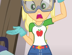 Size: 761x580 | Tagged: safe, edit, edited screencap, screencap, applejack, equestria girls, g4, my little pony equestria girls: better together, belt, belt buckle, clothes, collar, confused, cute, denim skirt, freckles, gloves, goggles, missing accessory, open mouth, shirt, skirt, t-shirt, teenager