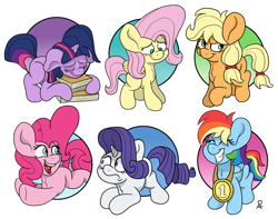 Size: 2781x2193 | Tagged: safe, artist:doodledonutart, applejack, fluttershy, pinkie pie, rainbow dash, rarity, twilight sparkle, earth pony, pegasus, pony, unicorn, g4, book, chibi, eyes closed, female, frown, grin, high res, mane six, mare, medal, open mouth, open smile, simple background, smiling, unicorn twilight, white background