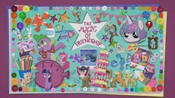 Size: 1280x720 | Tagged: safe, angel bunny, applejack, cheese sandwich, cranky doodle donkey, discord, fluttershy, granny smith, matilda, opalescence, pinkie pie, princess flurry heart, rainbow dash, rarity, spike, thorax, twilight sparkle, zephyr breeze, alicorn, changeling, donkey, pony, rabbit, g4, animal, baby flurry heart's heartfelt scrapbook, balloon, book, cake, collage, cushion, easel, food, glasses, glue, marzipan mascarpone meringue madness, pencil, rarity's glasses, scissors, the magic of friendship, twilight sparkle (alicorn), whoopee cushion