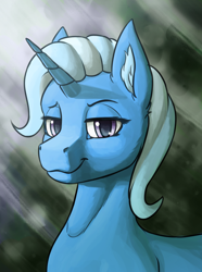 Size: 1248x1680 | Tagged: safe, artist:stardustspix, trixie, pony, unicorn, equestria at war mod, g4, abstract background, bust, ear fluff, horn, lidded eyes, looking at you, portrait, smug, solo