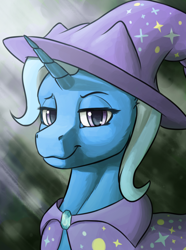 Size: 1248x1680 | Tagged: safe, alternate version, artist:stardustspix, trixie, pony, unicorn, equestria at war mod, g4, :t, abstract background, bust, cape, clothes, ear fluff, eyebrows, female, gem, hat, horn, lidded eyes, looking at you, mare, palindrome get, portrait, smiling, smug, solo, trixie's cape, trixie's hat