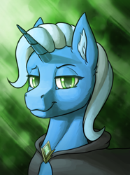 Size: 1248x1680 | Tagged: safe, alternate version, artist:stardustspix, trixie, pony, unicorn, equestria at war mod, g4, abstract background, brooch, bust, cloak, clothes, ear fluff, gem, glowing, glowing eyes, green eyes, horn, jewelry, lidded eyes, looking at you, portrait, smug, solo
