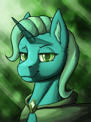 Size: 1248x1680 | Tagged: safe, alternate version, artist:stardustspix, trixie, pony, unicorn, equestria at war mod, g4, abstract background, brooch, bust, cloak, clothes, ear fluff, gem, glowing, glowing eyes, green eyes, horn, jewelry, lidded eyes, looking at you, portrait, smug, solo