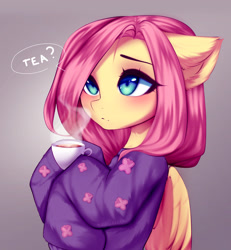 Size: 2800x3030 | Tagged: safe, artist:shavurrr, fluttershy, pegasus, pony, g4, blushing, clothes, cup, cute, daaaaaaaaaaaw, female, floppy ears, food, high res, long sleeves, looking up, mare, shyabetes, simple background, solo, steam, sweater, tea, teacup, weapons-grade cute