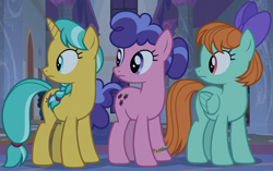 Size: 1540x967 | Tagged: safe, screencap, berry bliss, citrine spark, peppermint goldylinks, earth pony, pegasus, pony, unicorn, g4, school raze, season 8, bow, bracelet, braid, cropped, female, folded wings, friendship student, frown, hair bow, hooves, horn, jewelry, looking at something, looking back, mare, shadow, standing, tail, trio, two toned mane, two toned tail, wings