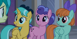 Size: 2584x1299 | Tagged: safe, screencap, berry blend, berry bliss, citrine spark, fire quacker, peppermint goldylinks, sandbar, earth pony, pegasus, pony, unicorn, g4, school raze, season 8, blissabetes, bow, cropped, cute, female, friendship student, frown, grin, horn, looking at someone, male, mare, peppermint adoralinks, quackerdorable, raised hoof, smiling, stallion, standing, tail