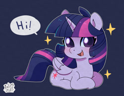 Size: 1280x995 | Tagged: safe, artist:talimingi, twilight sparkle, alicorn, pony, g4, blue background, blushing, colored pupils, cute, dialogue, hi, looking at you, lying, ponyloaf, prone, purple background, simple background, smiling, solo, sparkles, speech bubble, talking to viewer, twiabetes, twilight sparkle (alicorn)