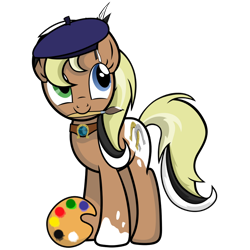 Size: 800x800 | Tagged: safe, oc, oc only, oc:unity (brony fair), earth pony, pony, beret, brony fair, coat markings, earth pony oc, easel, female, hat, heterochromia, mare, mascot, mouth hold, paintbrush, palette, simple background, solo, standing, tail, transparent background