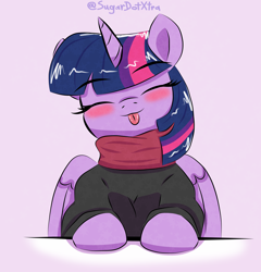 Size: 3000x3120 | Tagged: safe, artist:sugardotxtra, twilight sparkle, alicorn, pony, g4, :p, blushing, clothes, cute, eyes closed, female, high res, mare, scarf, sweater, tongue out, twiabetes, twilight sparkle (alicorn), weapons-grade cute