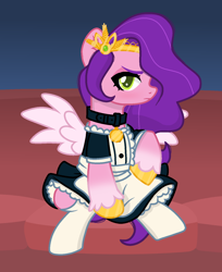Size: 1200x1468 | Tagged: safe, artist:grapefruit-face, pipp petals, pegasus, pony, g5, my little pony: a new generation, base used, blushing, clothes, collar, crown, jewelry, looking at you, maid, pipp petals is not amused, regalia, sitting, solo, unamused