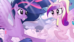 Size: 1920x1080 | Tagged: safe, artist:sallyso, princess cadance, twilight sparkle, alicorn, pony, g4, the last problem, alternate hairstyle, cloud, cute, cutedance, duo, eye contact, female, flying, grin, looking at each other, looking at someone, mare, older, older twilight, older twilight sparkle (alicorn), princess twilight 2.0, raised hoof, sisters-in-law, sky, smiling, twiabetes, twilight sparkle (alicorn)