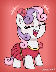 Size: 1074x1368 | Tagged: safe, artist:heretichesh, sweetie belle, pony, unicorn, g4, clothes, cute, diasweetes, dress, eyes closed, eyeshadow, female, filly, flower, flower in hair, foal, gradient background, happy, makeup, open mouth, open smile, smiling, solo