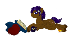 Size: 2000x1200 | Tagged: safe, oc, oc only, oc:static dust, pegasus, pony, book, commission, lying down, mug, pillow, reading, simple background, solo, transparent background