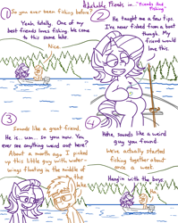 Size: 4779x6013 | Tagged: safe, artist:adorkabletwilightandfriends, starlight glimmer, oc, oc:gray, earth pony, pony, unicorn, comic:adorkable twilight and friends, g4, adorkable, adorkable friends, bait, boat, character development, comic, conversation, cute, dork, female, fishing, fishing rod, forest, happy, implied spike, lake, male, mare, reference, reference used, relationship, relationships, slice of life, smiling, stallion, water