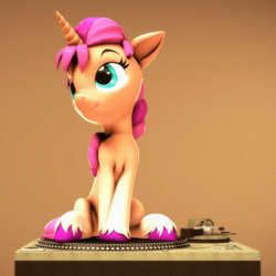 Size: 2160x2160 | Tagged: safe, artist:psfmer, sunny starscout, pony, unicorn, g5, my little pony: a new generation, 3d, brown background, female, high res, mare, race swap, record player, simple background, solo, source filmmaker, turntable pony, unshorn fetlocks