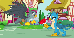 Size: 3840x2000 | Tagged: safe, artist:dashiesparkle edit, artist:frownfactory, artist:sugarcubecreationz, edit, gabby, gallus, griffon, g4, bouquet, female, flower, gabbus, high res, male, shipping, straight