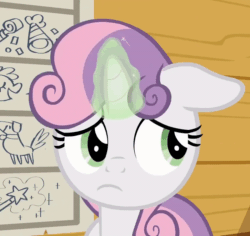 Size: 800x755 | Tagged: safe, screencap, sweetie belle, pony, unicorn, g4, marks for effort, season 8, spoiler:s08, animated, clubhouse, cropped, crusaders clubhouse, cute, diasweetes, doodle, female, filly, floppy ears, foal, frown, gif, glowing, glowing horn, hat, head shake, horn, list, magic, magic aura, magic wand, no, nodding, party hat, sad, solo, two toned mane