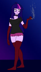 Size: 571x1000 | Tagged: safe, artist:slamjam, twilight sparkle, human, g4, choker, clothes, evening gloves, gloves, humanized, long gloves, smoking, socks, stocking feet, stockings, thigh highs