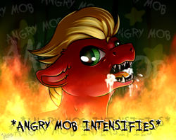 Size: 3315x2630 | Tagged: safe, artist:julunis14, sprout cloverleaf, dog, earth pony, pony, g5, my little pony: a new generation, angry, angry mob, behaving like a dog, ear fluff, fangs, fire, floppy ears, foaming at the mouth, green eyes, high res, male, meme, open mouth, ponified meme, rabies, solo, stallion, text, x intensifies