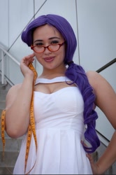 Size: 926x1393 | Tagged: safe, artist:autumns-snow, artist:mooshuu, rarity, human, g4, anime expo, anime expo 2012, breasts, cleavage, clothes, cosplay, costume, glasses, hand on hip, irl, irl human, measuring tape, photo, rarity's glasses
