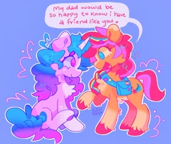 Size: 2048x1724 | Tagged: safe, artist:swirlseypop, izzy moonbow, sunny starscout, earth pony, pony, unicorn, g5, my little pony: a new generation, duo, female, looking at each other, looking at someone, mane stripe sunny, sitting, speech bubble, text