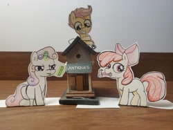 Size: 4032x3024 | Tagged: safe, artist:davierocket, apple bloom, scootaloo, sweetie belle, earth pony, pegasus, pony, unicorn, g4, :d, antique shop, craft, cutie mark crusaders, hammer, magic, open mouth, open smile, paper, papercraft, smiling, squint