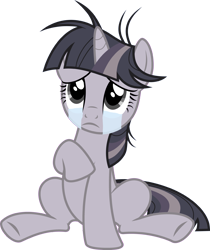 Size: 3325x3960 | Tagged: safe, artist:twilirity, artist:wardex101, edit, twilight sparkle, pony, unicorn, g4, lesson zero, season 2, crying, discorded, discorded twilight, female, frown, full body, high res, horn, looking up, mare, messy mane, sad, simple background, sitting, solo, sorrow, tail, teary eyes, transparent background, twilight tragedy, unicorn twilight, vector